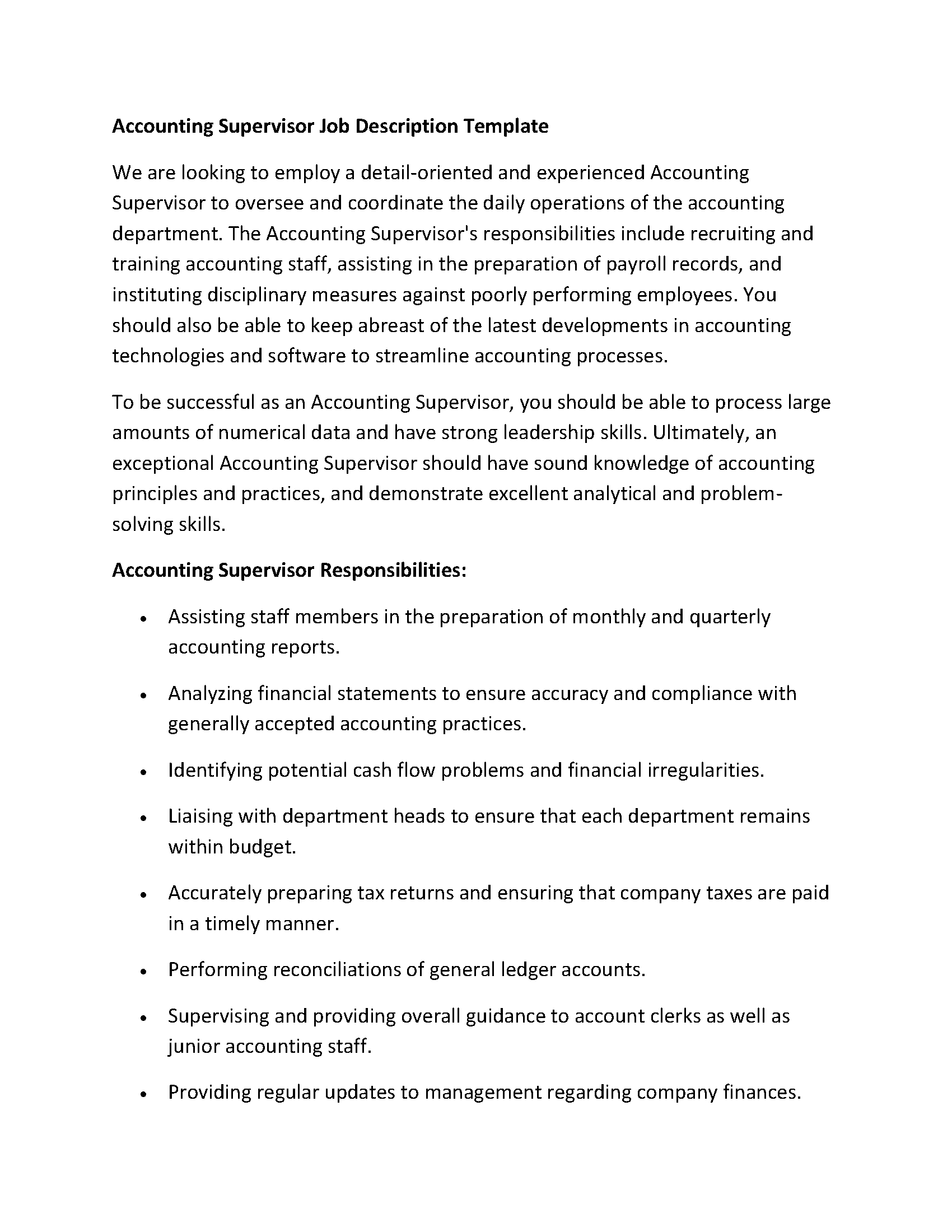 Accounting Supervisor Job Description Template